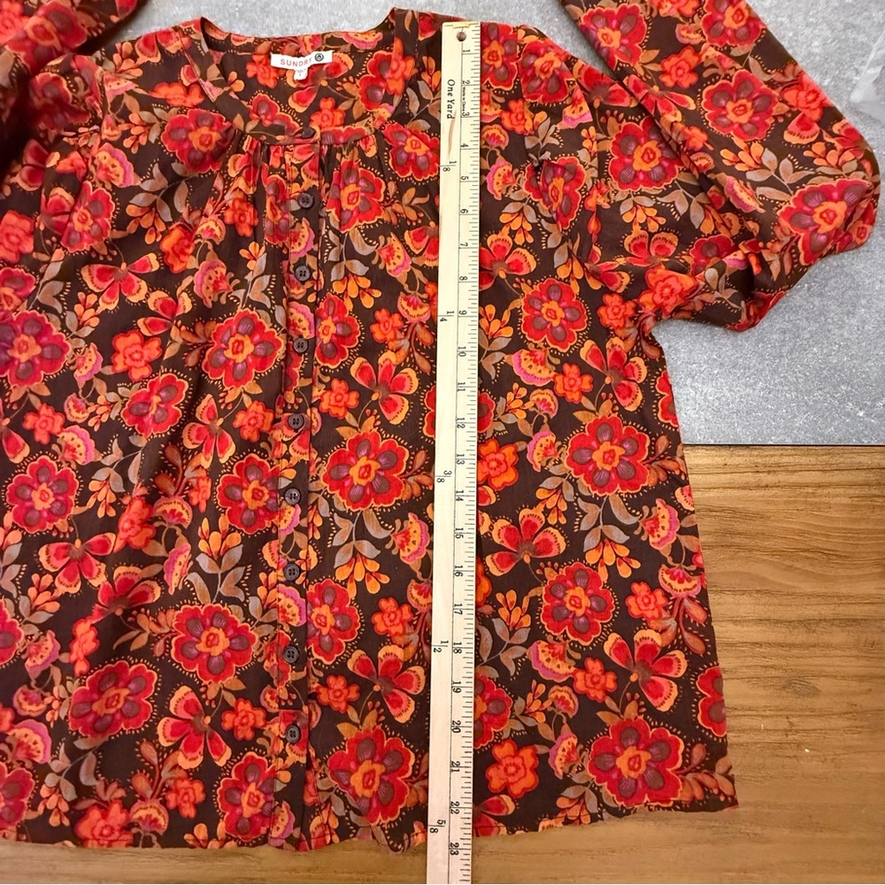 Sundry Anthropologie Floral Button Down Puff Sleeve Blouse Brown Red Size 1 (S) - Picture 11 of 11